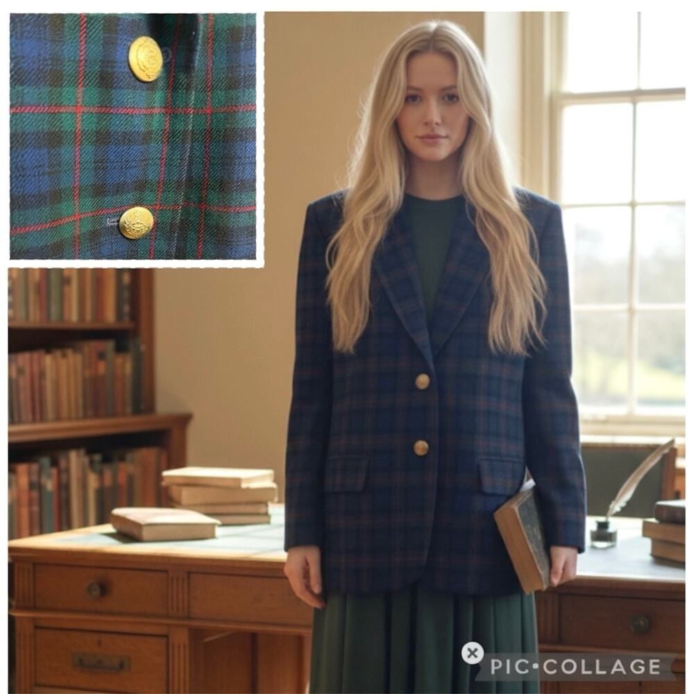 Vtg Pendleton Plus 16W Black Watch
Tartan Blazer 100% Wool Gold Button Academia